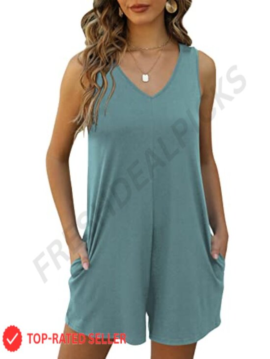 Pants - Women's Sleeveless V-Neck Romper Jumpsuit with Pockets, Loose Casual Summer